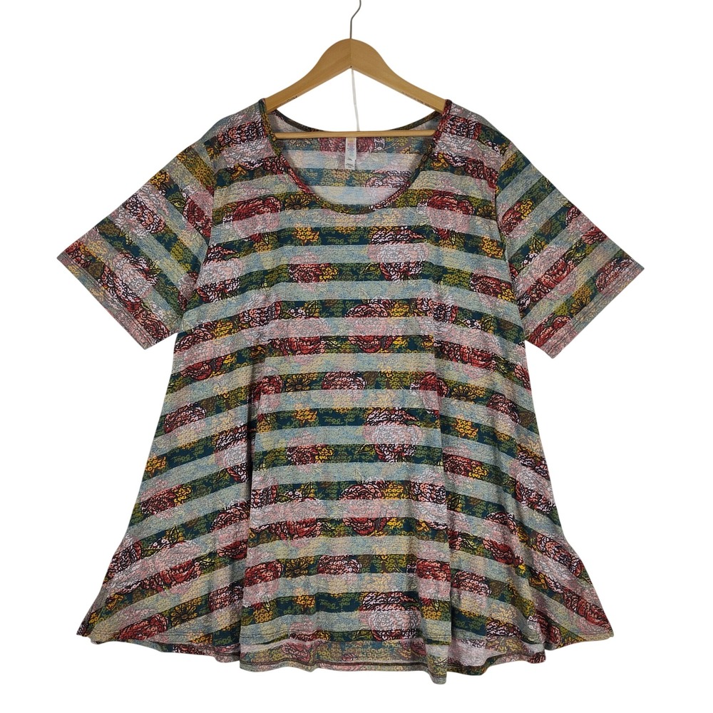 LuLaRoe Perfect T Tunic Top 3XL Floral Stripe Short Sleeve Scoop Neck Stretch